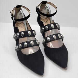 Vince Camuto 8.5M Krellen Black Suede Silver Studded 3" Heel Ankle Strap Dressy